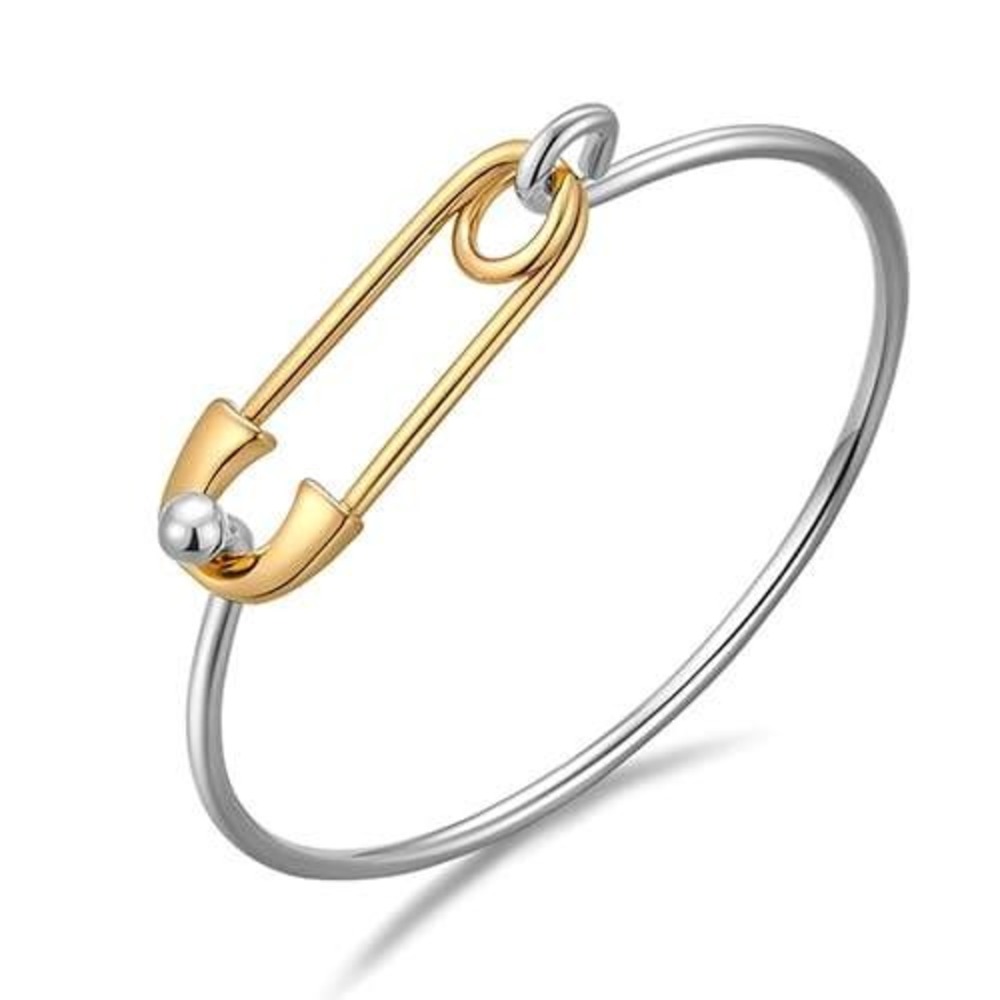 Two‎ Tone Safety Pin Bangle Bracelet Silver Gold Edgy Minimalist Jewelry